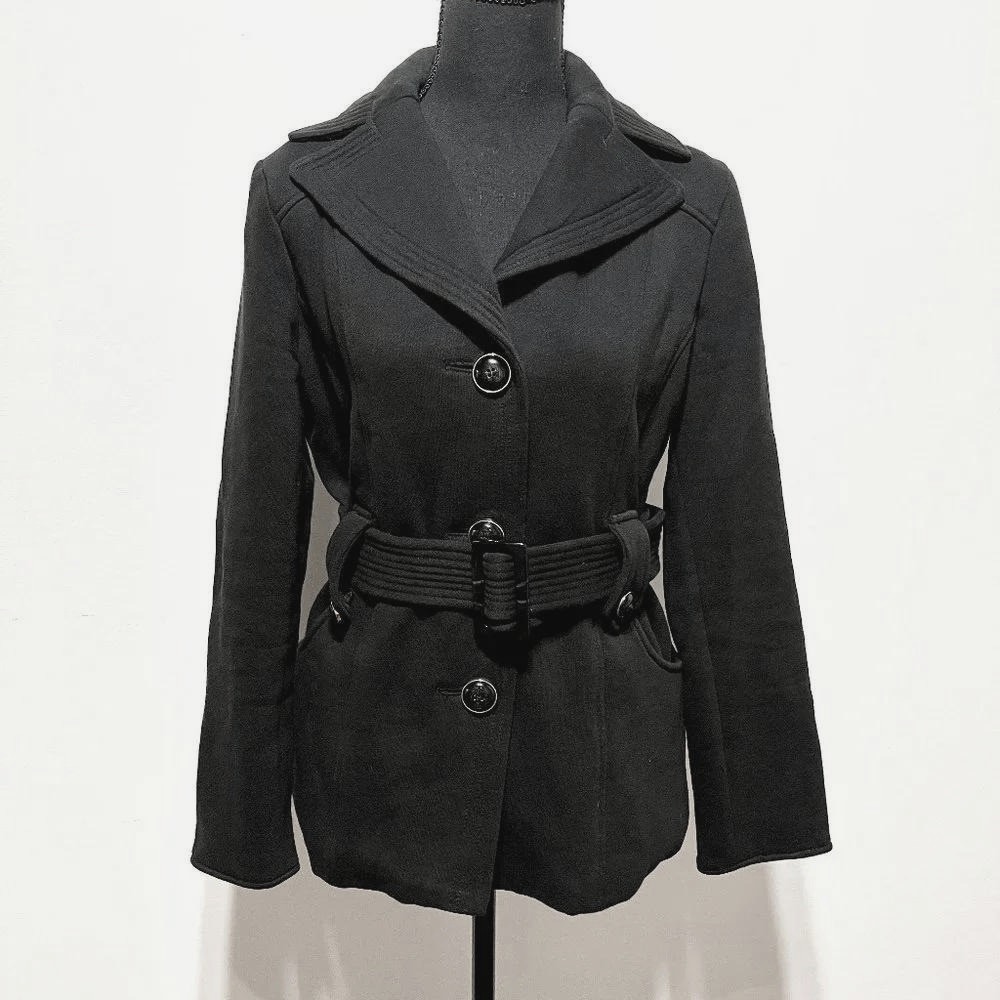 Kenneth Cole Reaction Belted Jacket Womens Small Black Soft Cotton Coat